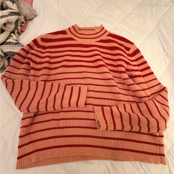 Again Sweaters - Striped Peach and Red Ribbed Turtleneck Sweater